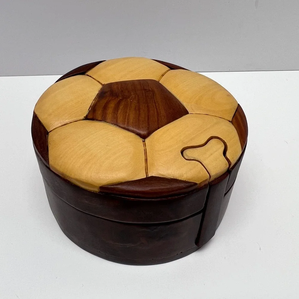 Wooden‎ Soccer Ball Flower Puzzle Box Trinket Storage Container Unique Gift